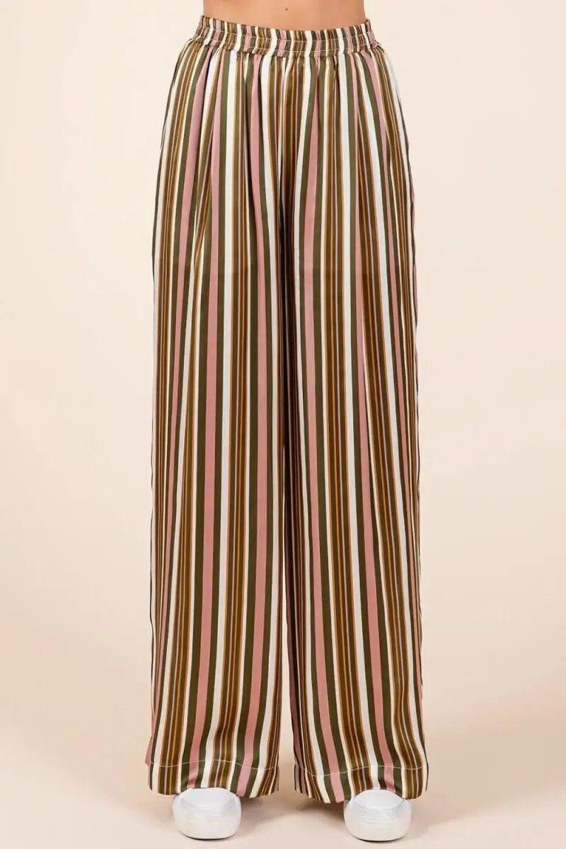 Chic Striped Satin Wide Leg Pants with Elastic Waist and Pockets - Love Salve